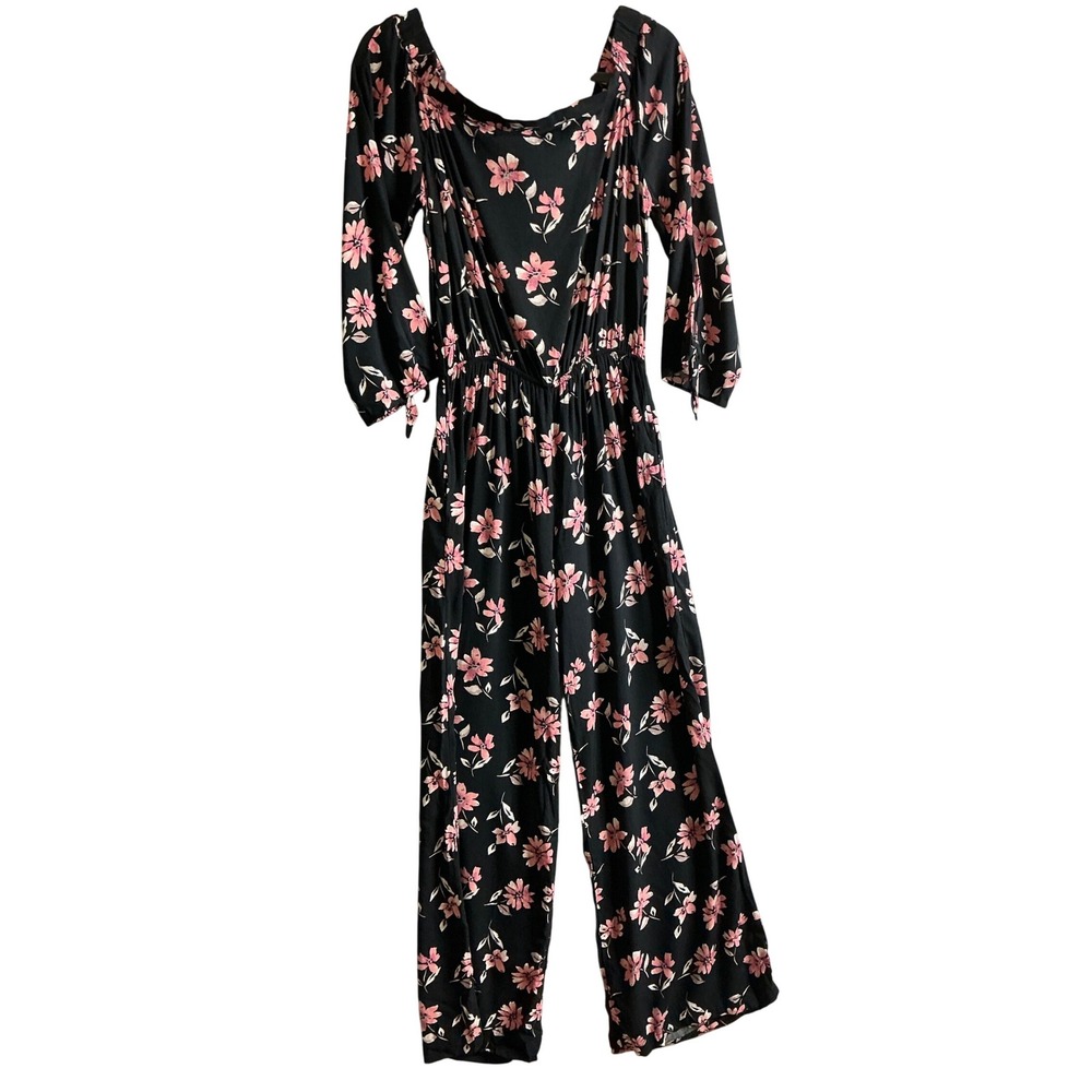 Mimi Chica Floral Jumpsuit Women's Medium‎ Smocked Off Shoulder 3/4 Sleeve